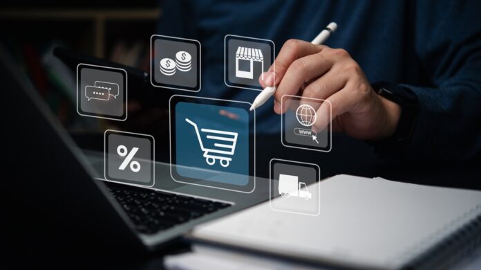 Hand,Interacting,With,E-commerce,Icons,On,A,Digital,Interface.,Online